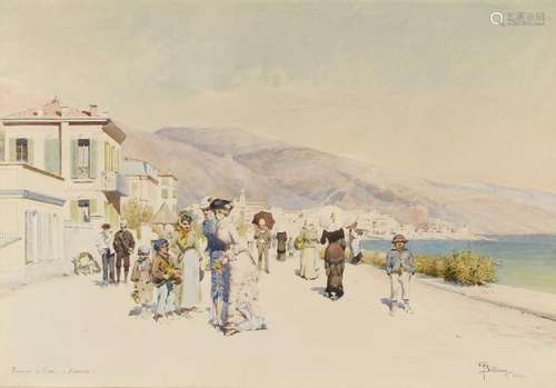 Gaston BETHUNE (1857-1897).- Promenade du Midi à Menton.- Aquarelle signée en [...]