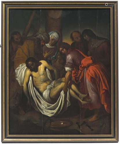 Ecole flamande XVIIe.- La Déposition du Christ.- Huile sur panneau.- 62 x 58 [...]