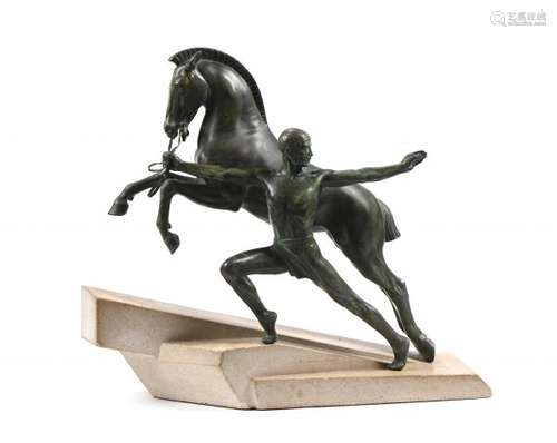 Charles CHARLES (XXe).- Cavalier et son cheval.- Sculpture en régule à patine [...]