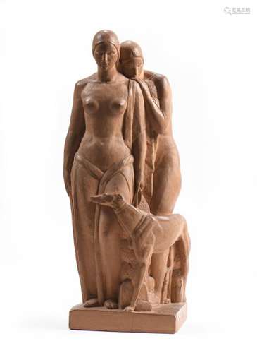 Léon-George BAUDRY (1898-1978).- Deux femmes au lévrier.- Groupe en terre cuite [...]