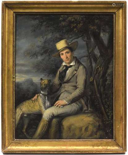 Manuel AMERIGO (XIXe).- Portrait de chasseur accompagné de son chien.- Huile sur [...]