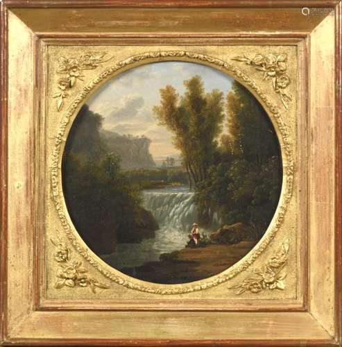 Attribué à Jean Joseph Xavier BIDAULD (1758-1846).- Cascade animée.- Huile sur [...]