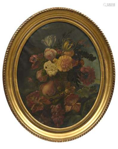 C. BERTOUT (XIXe).- Fleurs et fruits sur un entablement.- Huile sur toile ovale [...]