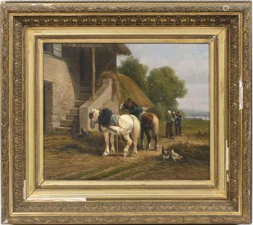 CORTES (XIX-XXe).- Chevaux de trait devant la ferme.- Huile sur toile portant une [...]