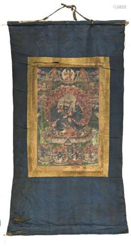 TIBET, XIXe.- Thangka de Yamantaka debout en pratyalidhasana sur un socle [...]