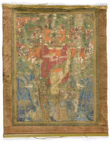 TIBET, XIXe.- Thangka de bouddha assis en padmasana sur une base lotiforme, la main [...]