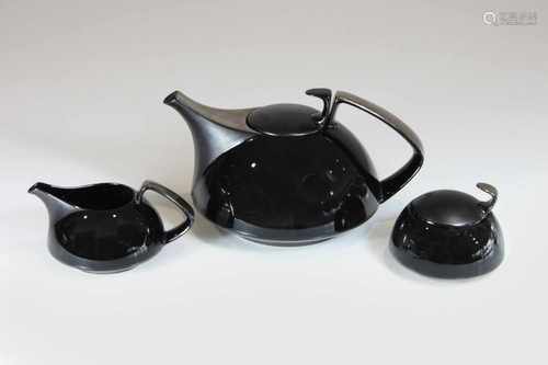 Teekanne, Gießer, Zuckerdose, Rosenthal Studio Linie, Porcelaine Noir, Handgemalt: H. Drexler, Form: