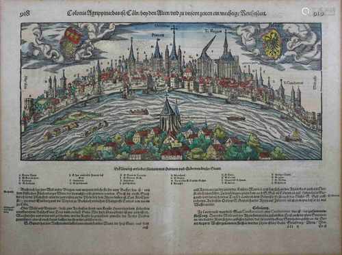 3 Holzschnittseiten aus Cosmographiae des Sebastian Münster um 1546, Colonia Agrippa, über die Stadt