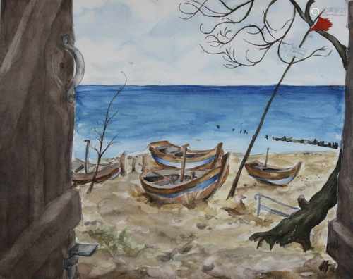 Fischerboote am Ufer, Aquarell, betitelt Brigade Hering Usedom, u. re. Monogramm HT 92, Blattmaße: