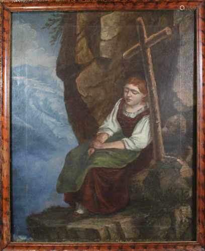 Maler des 19 Jh., Am Kreuz, Öl auf Leinwand, unsigniert, 66 x 53 cm, m.R.: 72 x 56 cm,