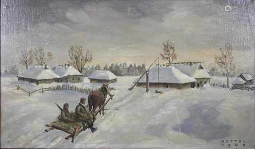 Ukrainische Winterlandschaft mit zwei Soldaten auf Pferdeschlitten, 1942, Öl auf Lw. auf