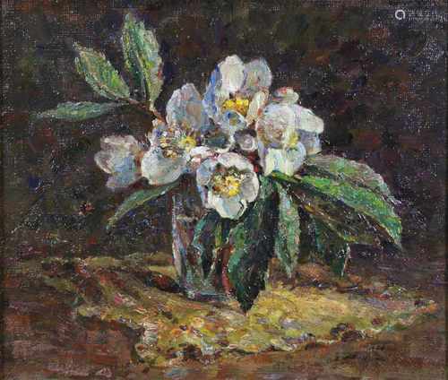 Blumenstillleben, 20 Jh., Öl auf Faserplatte, oben rechts monogr.: M R, verso: M. Krichem, 33 x 37