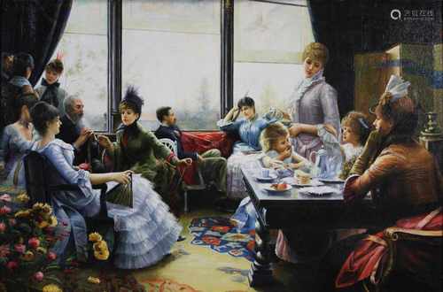 Kaffeegesellschaft, Öl auf Platte, unsign., 61 x 91 cm., m.R.: 99 x 129 cm.