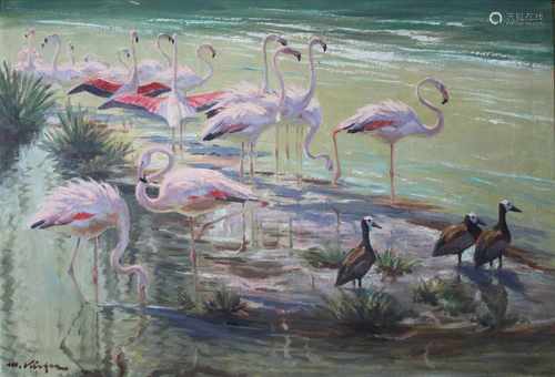 Michael Mathias Kiefer, (München 1902-1980 Feldwies am Chiemsee), Flamingos, Öl auf Leinwand, un.