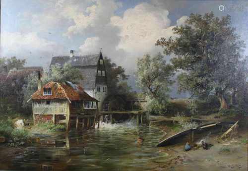 Paul Köster, (Bremen 1855 - 1931 Düsseldorf) Dorflandschaft mit Wassermühle, Öl auf Leinwand,