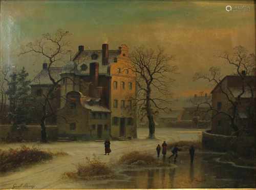 Gustav Johann Lange (Mülheim/Rhein 1811-1887 Düsseldorf), Abendstimmung über Winterlandschaft mit