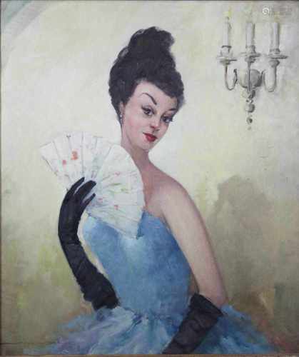 Elegante Dame mit Fächer, 20 Jh., Öl auf Leinwand, un. links sign.: Nowak, Maße: 70 x 60 cm, m.R.: