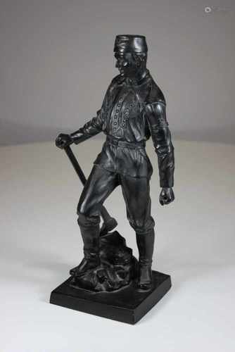 Figur eines Bergmannes, ca. 1980er, Metallguss, patiniert, Froschlampe und Grubenlampe fehlen, H.: