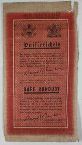 Alliierter Passierschein der deutschen Truppen - SAFE CONDUCT, 1945, beidseitig bedruckt, mit