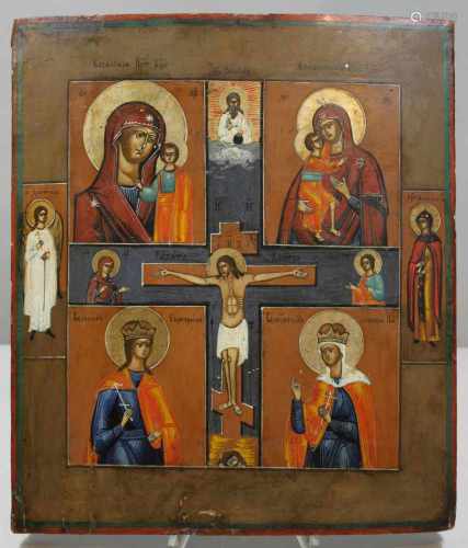 Vierfelder-Ikone mit der Kreuzigung Christi, Russland, 19. Jh., Holztafel mit zwei
