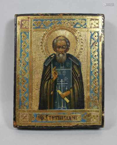 Heiliger Sergej von Radonesch, kleine Ikone, Russland, um 1900, Holztafel, Tempera auf Kreide- und