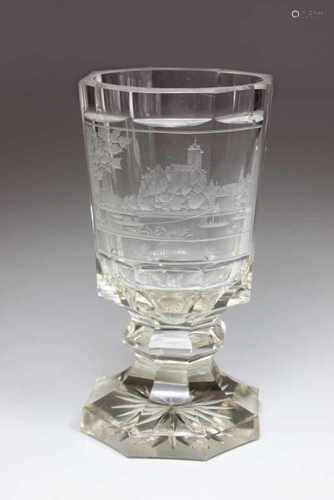 Andenkenglas Giebichenstein, Trinkglas Weißglas mit Ätzdekor und Gravur, Inschrift: Der