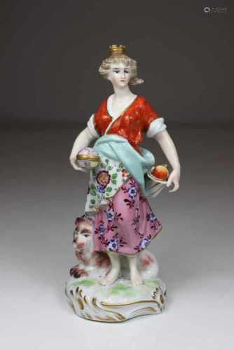 Porzellanfigur, 18. Jh., Frau mit Obst und Löwe, farbig staffiert, blaue Bodenmarke Höchst, H.: 16,5