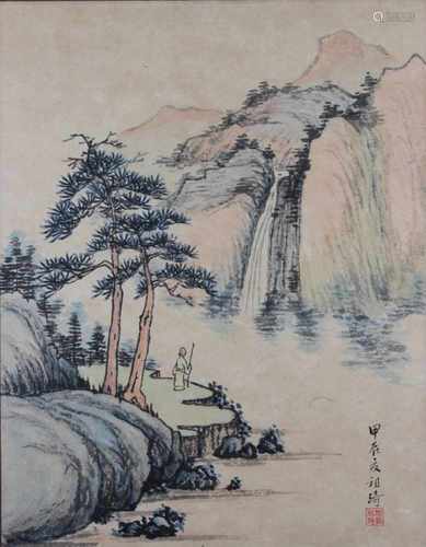 Tuschezeichnung, China 20. Jh.(?), Berglandschaft mit Wanderin, u. r. bezeichnet, Maße o. R.: 38 x