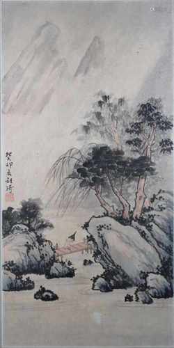 Tuschezeichnung, China 20. Jh.(?), Fluß in Berglandschaft, am l. Rand bezeichnet, Maße o. R.:59,5