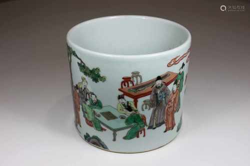 Pinselbecher, China, famille verte, Personenszene, blaue 6-Zeichen Kangxi Marke, Durchm.: 20 cm, H.: