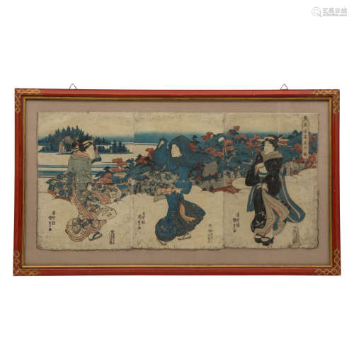 Farbholzschnitt. JAPAN, Meiji-Zeit (1868-1912).37x76 cm, gerahmt 51x87 cm, besch..Colored wood