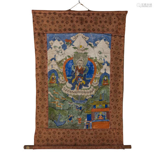 Thangka des Vajrasattva. TIBET, 1. Hälfte 20. Jh..Der Adhibuddha thront im Zentrum vor einem