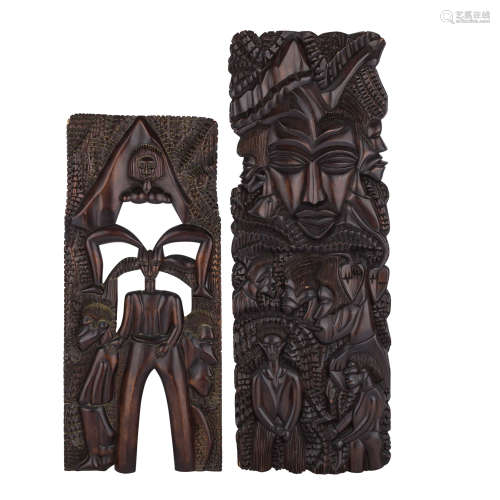 Zwei Schnitzerei-Paneele. ELFENBEINKÜSTE/AFRIKA, 20. Jh..88,5x31 cm und 72x30 cm.Two wood carving