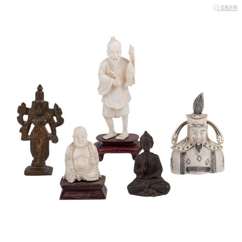 Konvolut: 4 tlg.: 1 snuff bottle und 4 Statuetten. ASIEN.1 snuff bottle aus Elfenbein, um 1930, H: