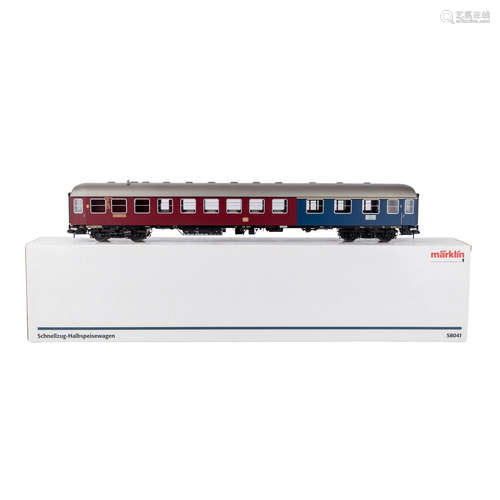 MÄRKLIN Schnellzug-Halbspeisewagen 58041, Spur 1.Blau-/rotfarben, 4-achsig, mit Innenbeleuchtung (