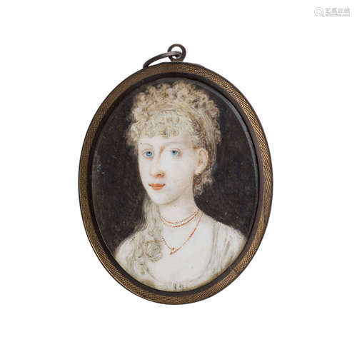 DAME MIT KORALLENSCHMUCK18.Jh., Gouache, HxB: 6,5 /5 cm. Vergoldeter Metallrahmen.LADY WITH CORAL