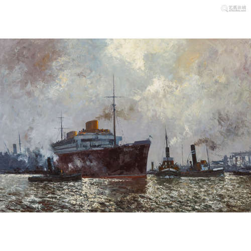 WILD, OTTO (1898-1971) „Dampfschiff im Hafen“Öl auf Leinwand, u. li. sign. HxB: 70/100 cm, mit