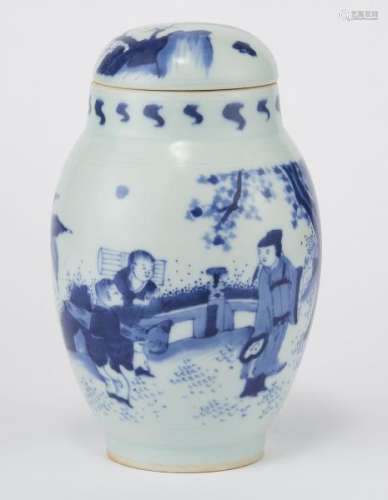 Pot couvert, Chine, XXe s - Porcelaine bleu blanc à décor d'un paysage animé avec [...]