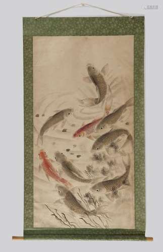 Ecole chinoise, fin XIXe s-début XXe s - Banc de poissons, encre et aquarelle sur [...]