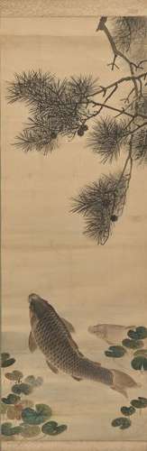 Ecole chinoise, dynastie Qing (1644-1912) - Carpe, aquarelle et encre sur soie, [...]