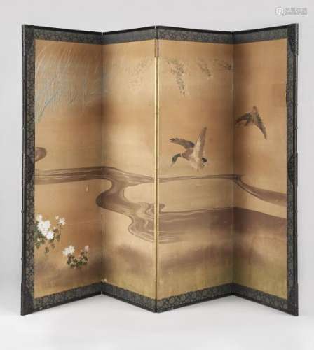 Paravent quatre feuilles, Japon époque Edo - A décor d'un vol de canards sur fond [...]