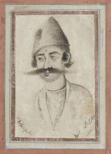 Ecole perse, XIXe s - Portrait d'homme, encre sur papier, signée, 13x9 cm -