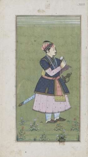 Portrait de Maharaja, Inde, XIXe s - Encre et gouache sur papier, 21x12 cm -