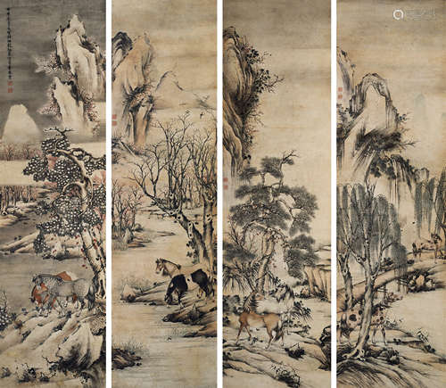 殷梓湘 骏马四屏 立轴 设色纸本