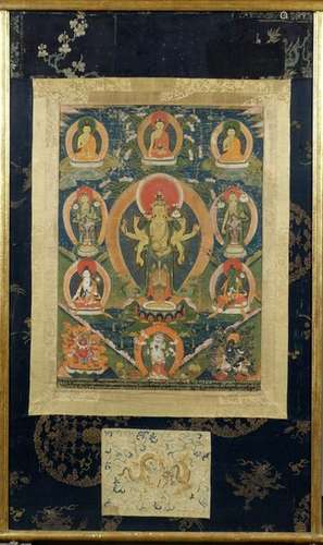 Thangka. Figurant, au centre, Avalokiteshvara debo…