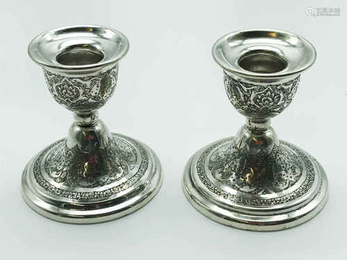 PAIR OF SMALL RUSSIAN OR MIDDLE EASTERN SILVER CANDLESTICKS HALLMARKED 84