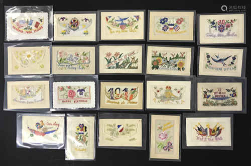 TWENTY EARLY EMBROIDERED SILK POSTCARDS IN VARIOUS CONDITION