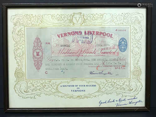 FRAMED SIGNED SOUVENIR VERNONS LIVERPOOL CHEQUE