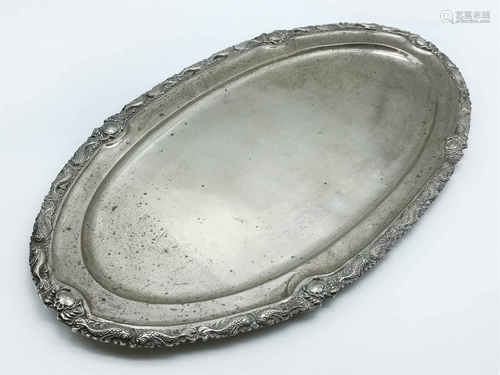 LARGE SILVER TRAY WITH FISH ON THE SIDE