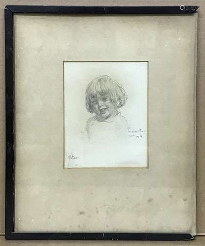 FRAMED OLD PENCIL SKETCH OF A BOY INSCRIBED PETER AND SIGNED FEATHER SEPT.1914